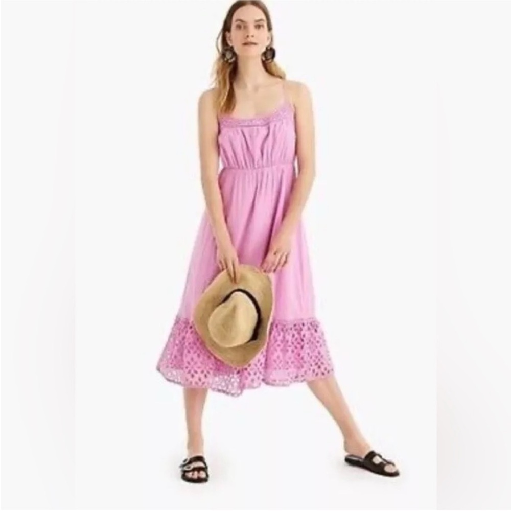J. Crew Eyelet Pink Lavender Lace Hem Cotton Midi Dress sz XS
